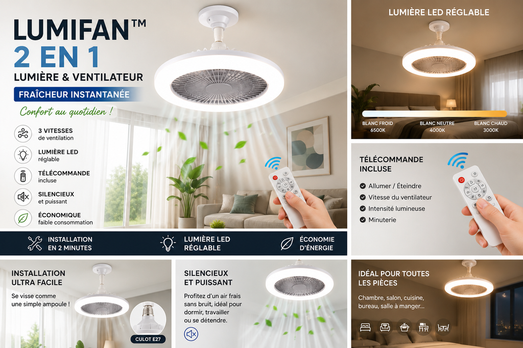 Lumifan™ | Ventilateur LED Silencieux avec Télécommande