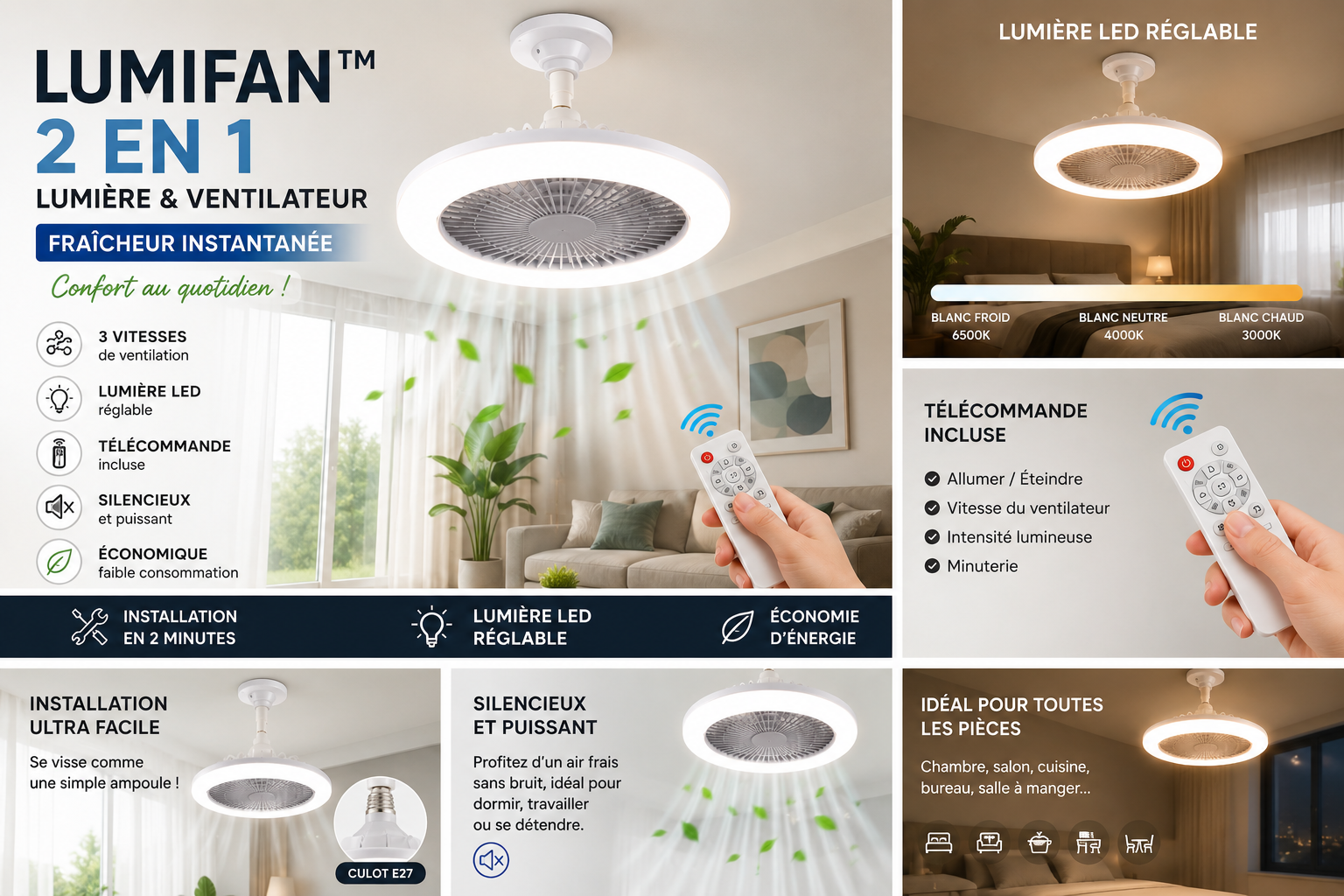 Lumifan™ | Ventilateur LED Silencieux avec Télécommande