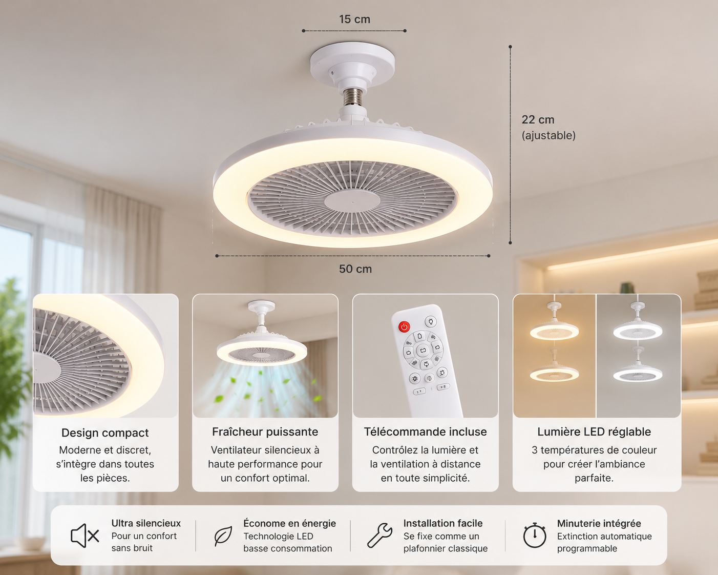 Lumifan™ | Ventilateur LED Silencieux avec Télécommande
